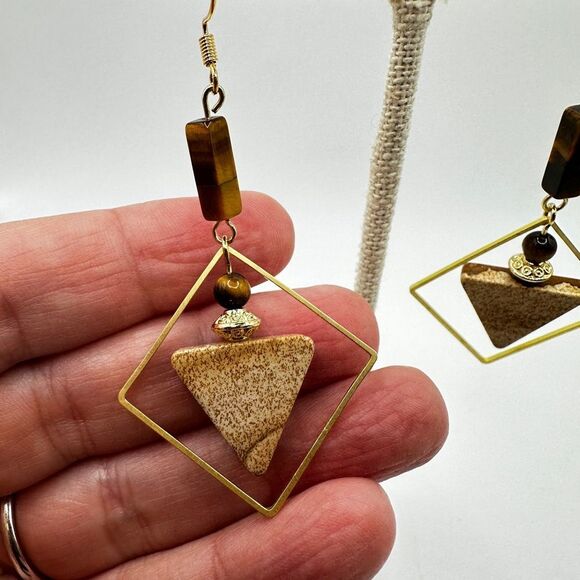 NWOT Geometric shape Tigers Eye and Picture Jasper stone dangle earrings in 925! - Picture 7 of 11